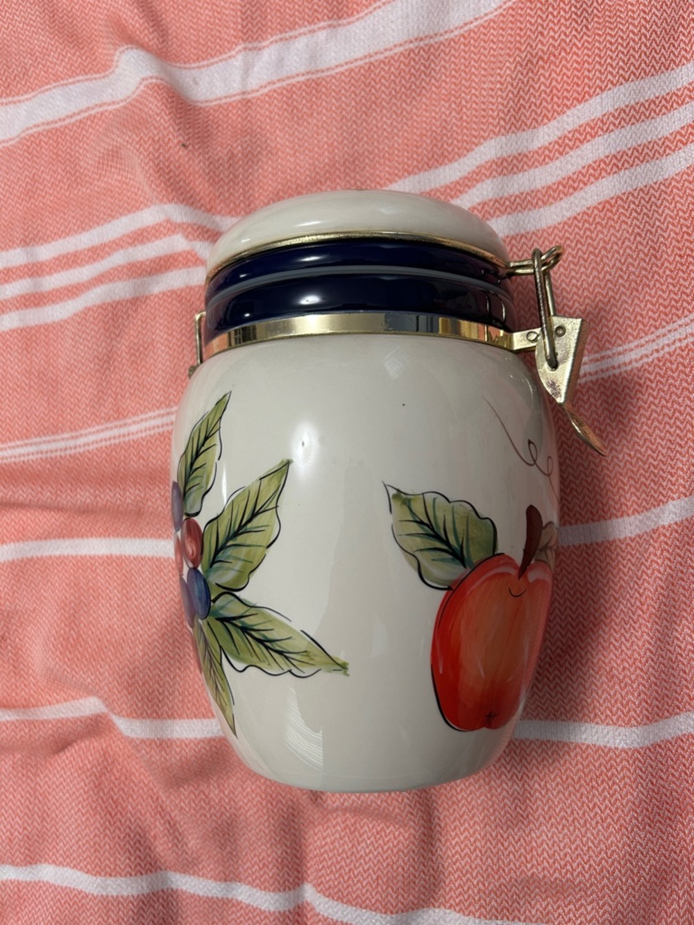 Hand-Painted Ceramic Fruit Canister - White with Red Apple & Green Leaves